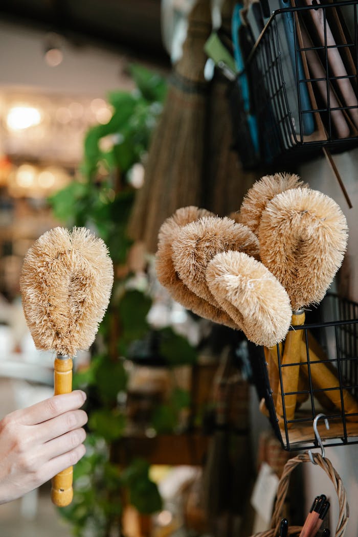 Close-up of eco-friendly wooden cleaning brushes in retail setting.